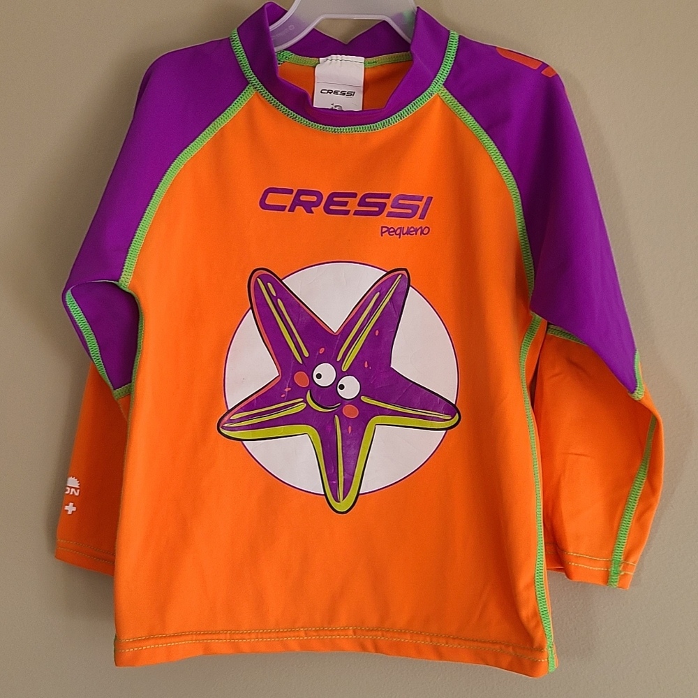 Cressi bright orange and purple rashguard swimsuit top